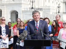 Sen. Steve Daines (R-Mont.) at a July 21, 2021 press conference introducing the Protecting Life on College Campus Act of 2021, outside the U.S. Capitol building